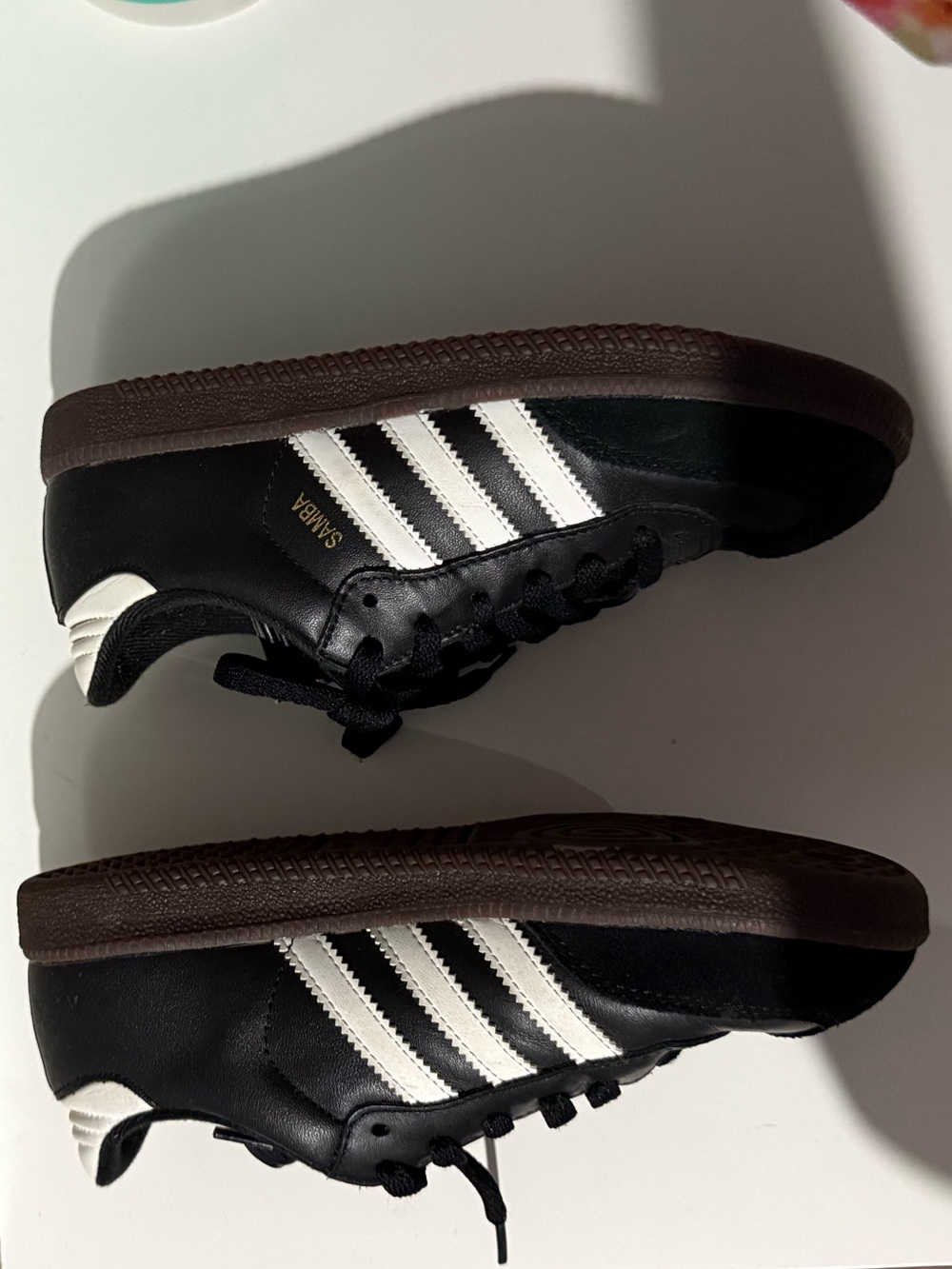 adidas Black Leather Sneakers with White Stripes and Brown Sole